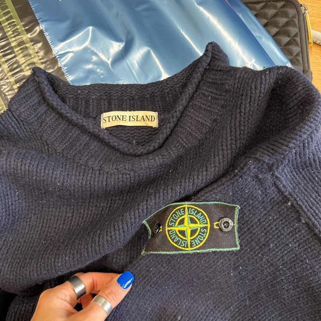 true vintage stone island green badge heavy knitted jumper